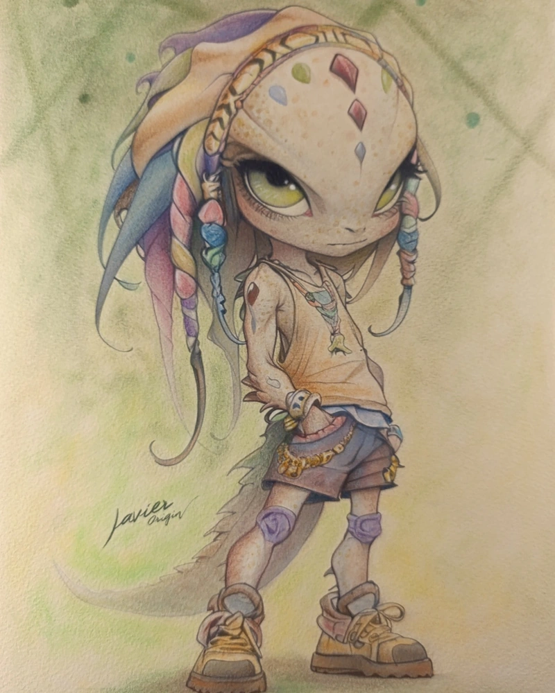 El mismo personaje exportado desde Origin Color con la referencia Crema / marfil, mostrando un fondo cálido acorde con el soporte elegido.