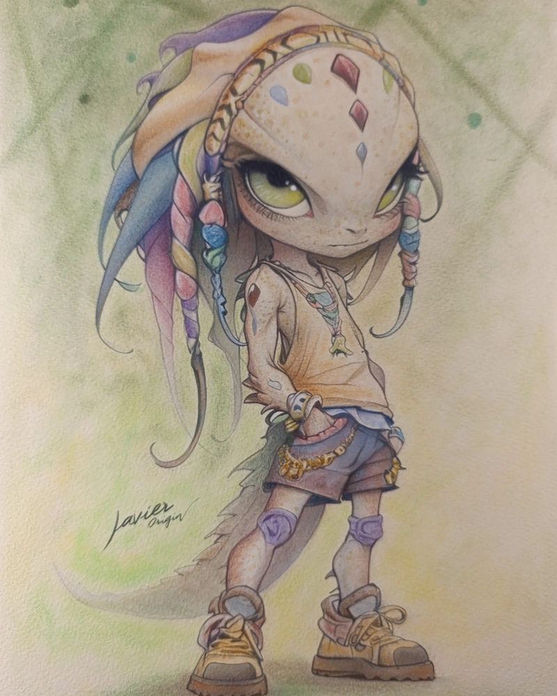 Fotografía original de un personaje de fantasía a lápices de colores sobre papel crema Arches Drawing Crème, con el encuadre igualado al resultado.