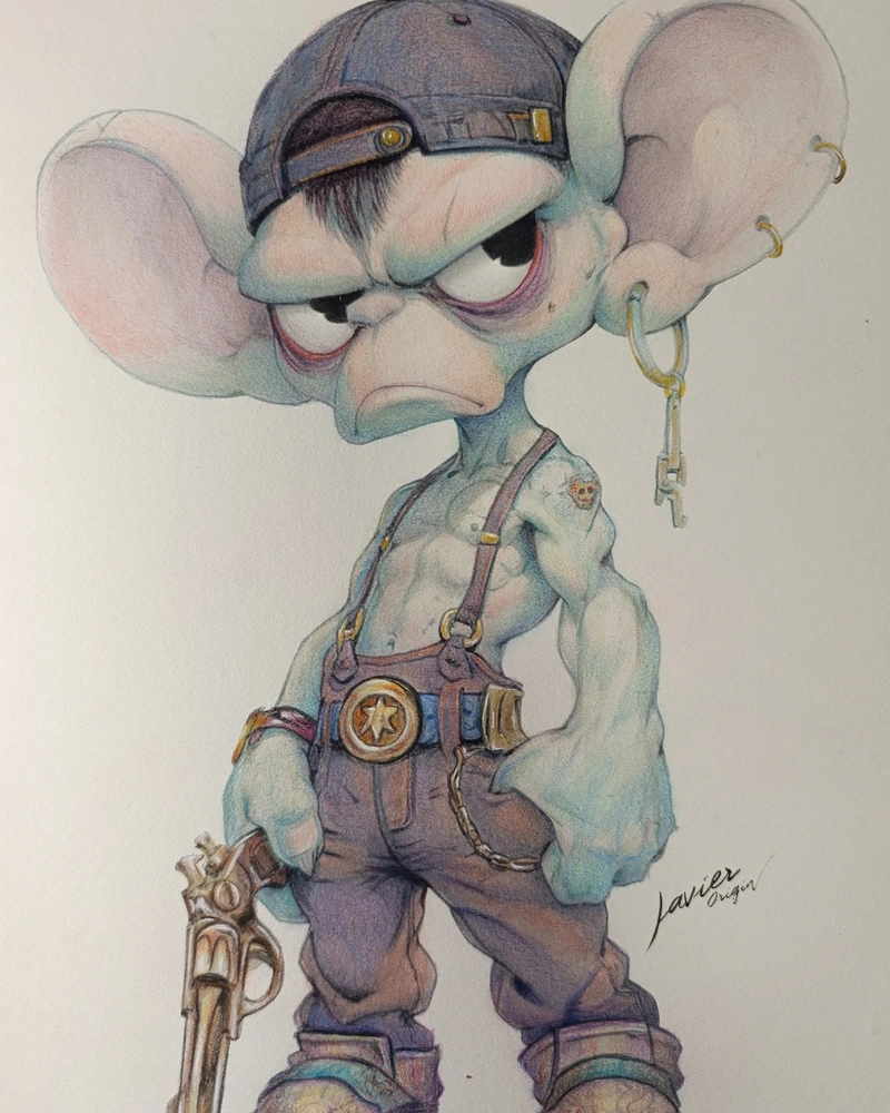 Fotografía original del dibujo de un ratón a lápices de colores sobre papel Hahnemühle Nostalgie, con el encuadre igualado al resultado.
