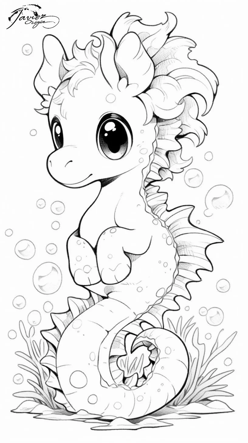 Caballito de mar kawaii entre burbujas para colorear