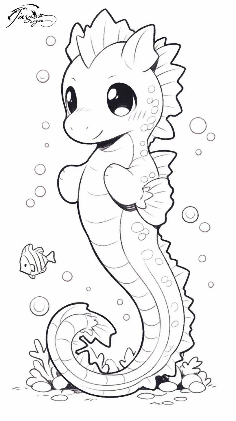 Caballito de mar kawaii junto a un pez para colorear