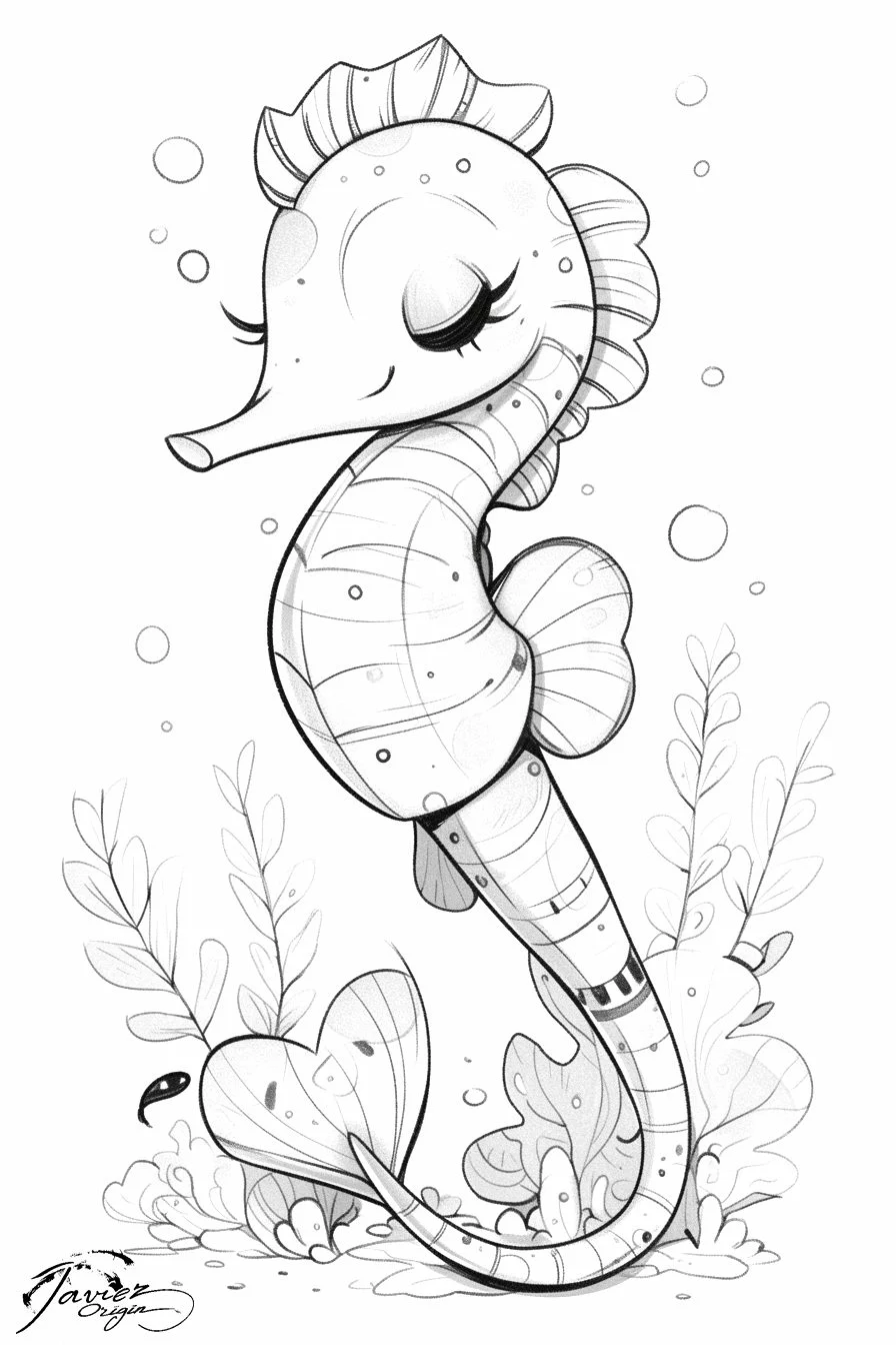 Caballito marino entre plantas para colorear