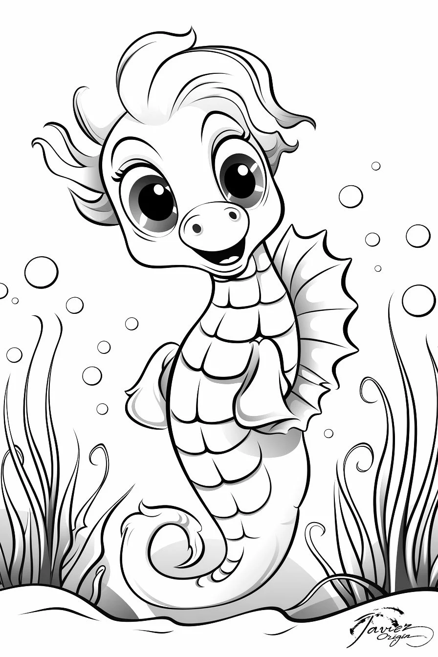 Caballito de mar alegre entre plantas para colorear