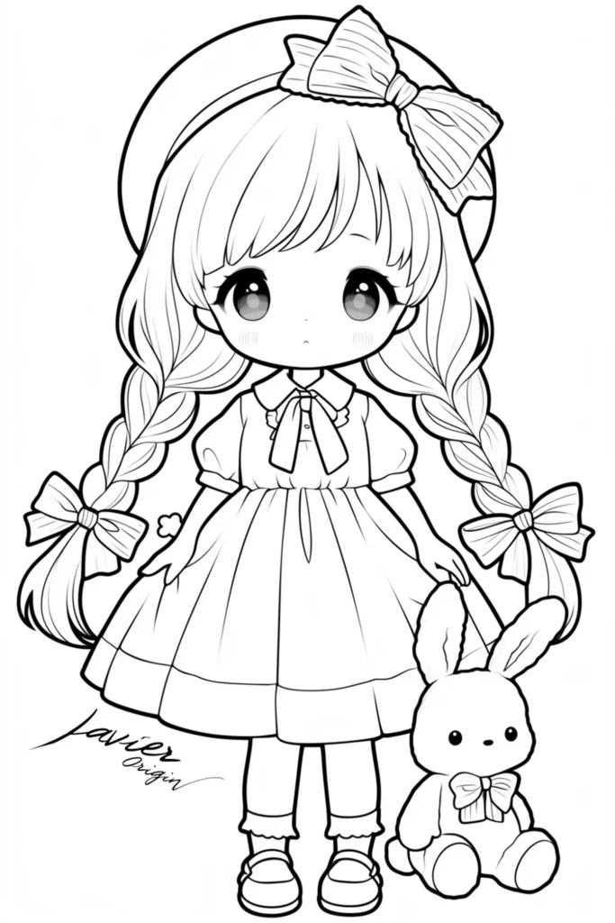 muñeca kawaii con peluche para colorear e imprimir en alta calidad