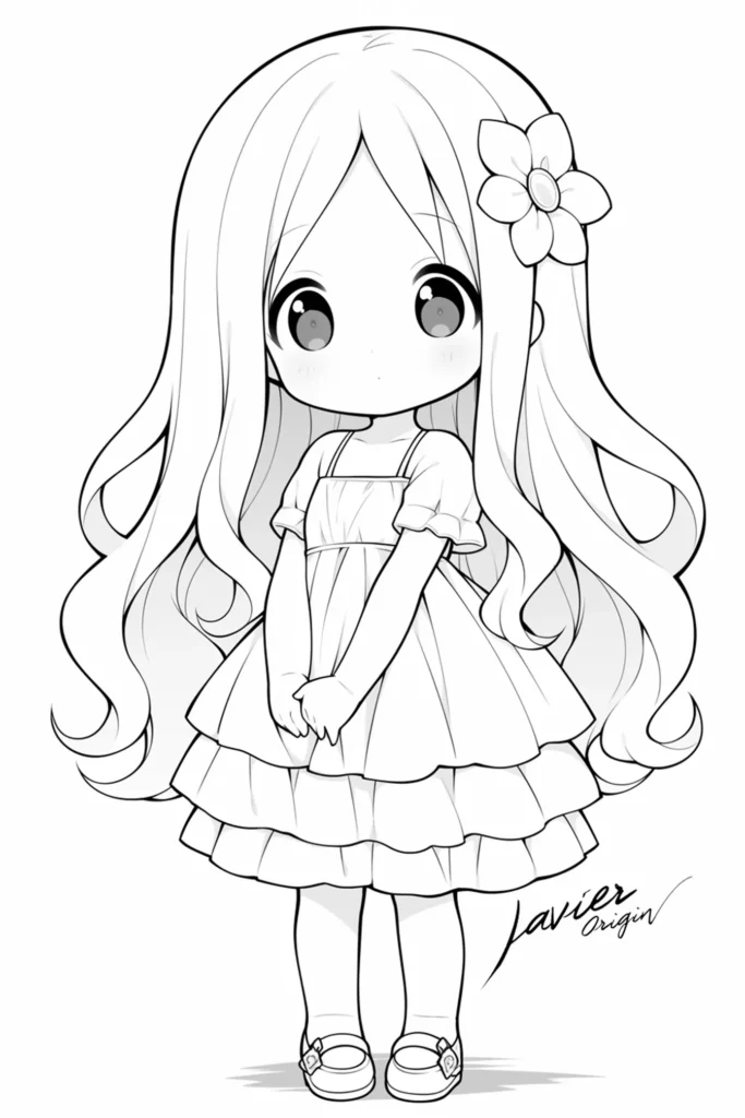 muñeca kawaii con vestido para colorear e imprimir gratis