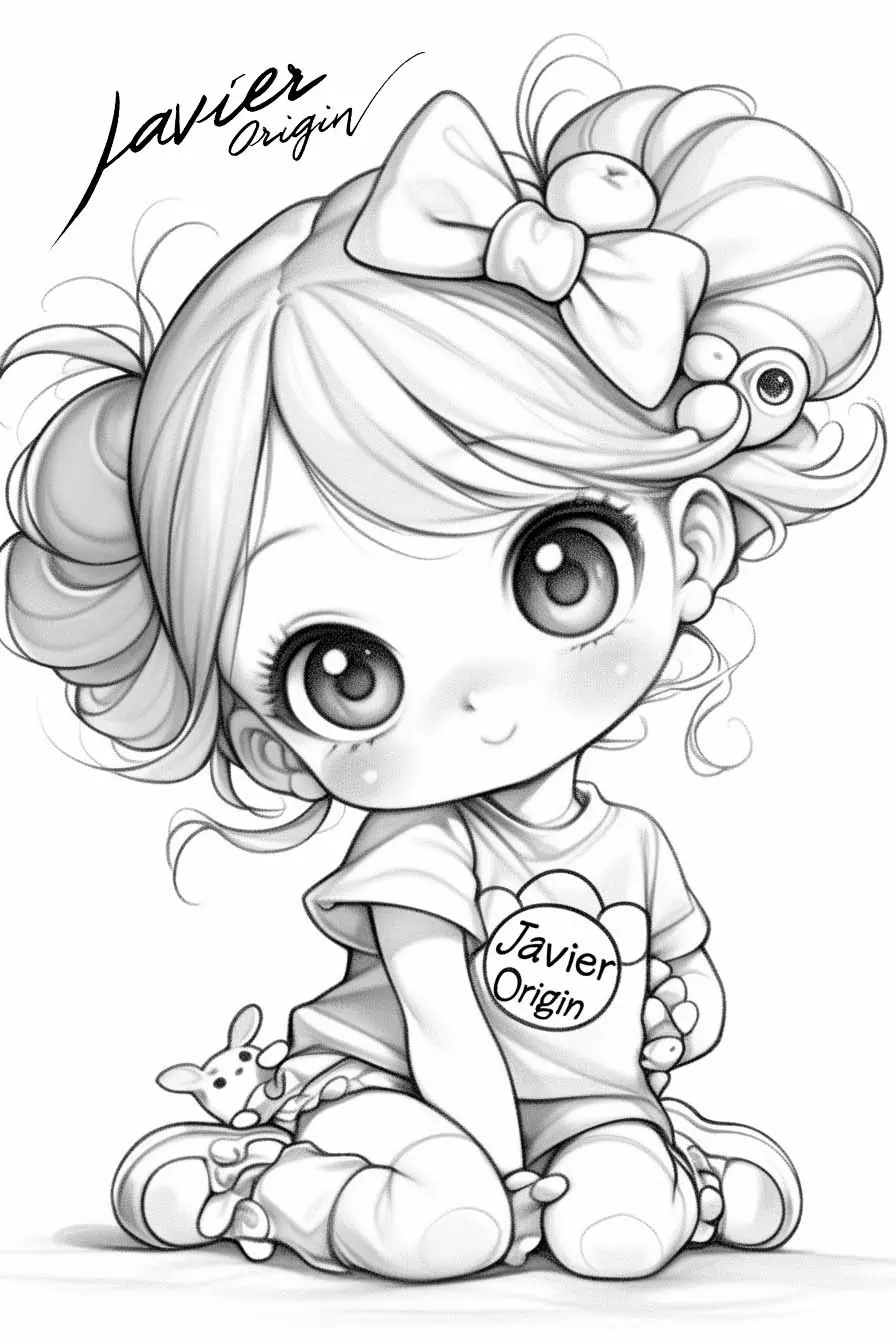 Chica chibi anime sentada con lazo grande en el cabello, camiseta y zapatillas para colorear