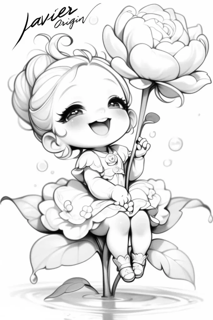 dibujo kawaii de niña anime sonriente sentada sobre una flor grande para colorear