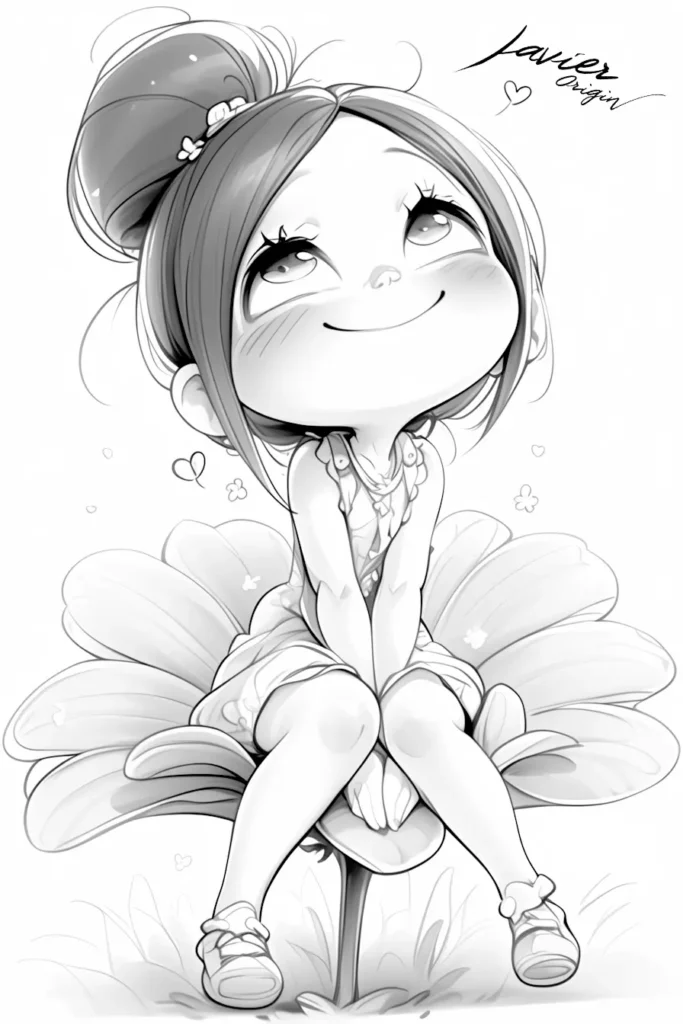 dibujo kawaii de chica anime sonriente sentada sobre una flor para colorear
