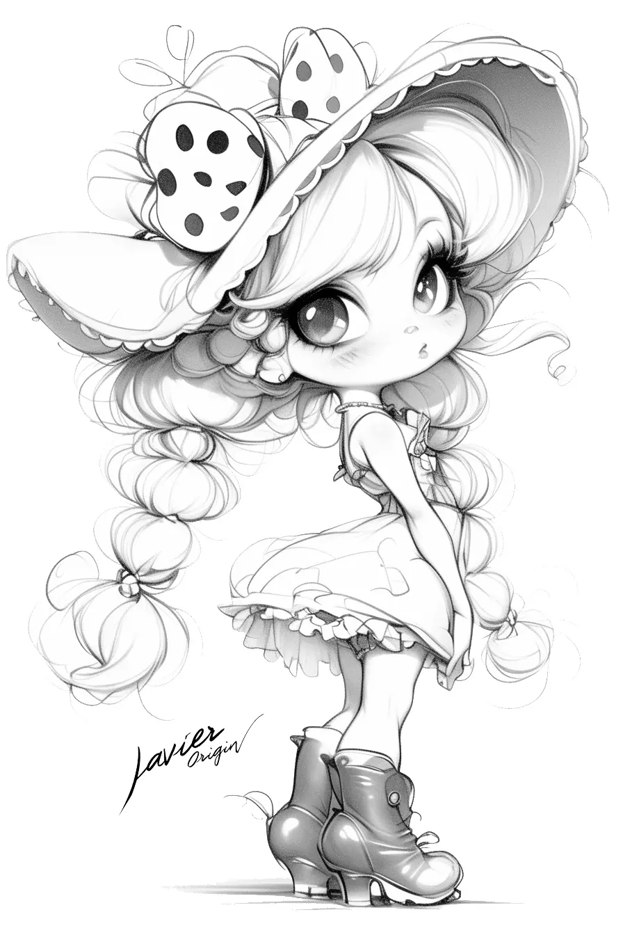 Chica anime kawaii aesthetic con sombrero, lazo de lunares, trenzas largas, vestido y botas para colorear
