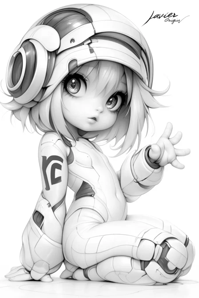 ilustración de chica anime con traje futurista estilo mecha, detalles metálicos y fondo tecnológico para colorear