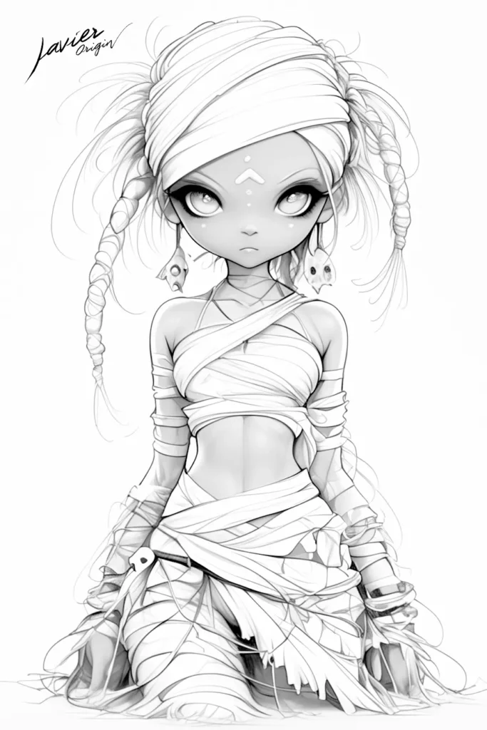 Dibujo de chica anime con mirada intensa y atuendo tribal envuelta en vendas para colorear