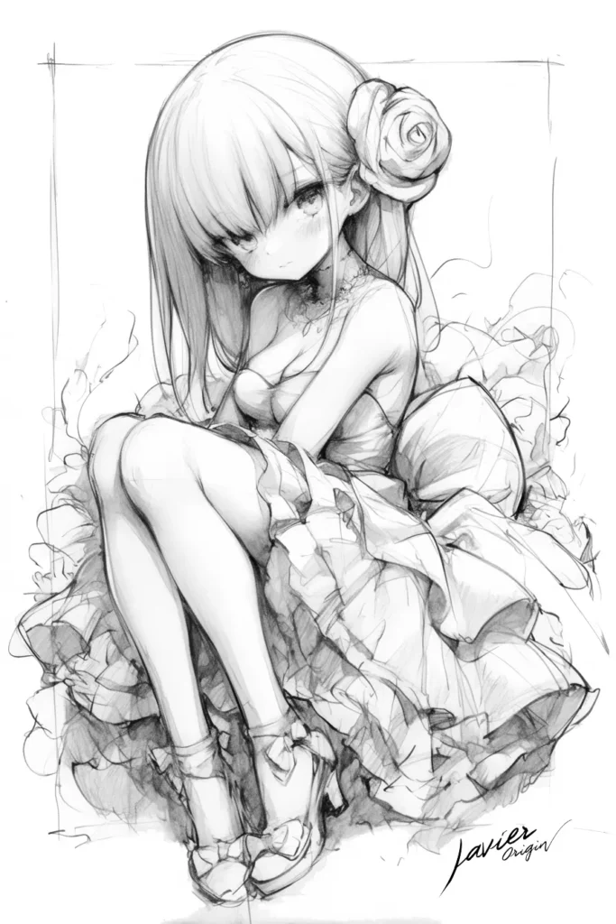 ilustración de chica anime estilo shoujo con vestido largo y expresión delicada, ideal para colorear con lápices de colores