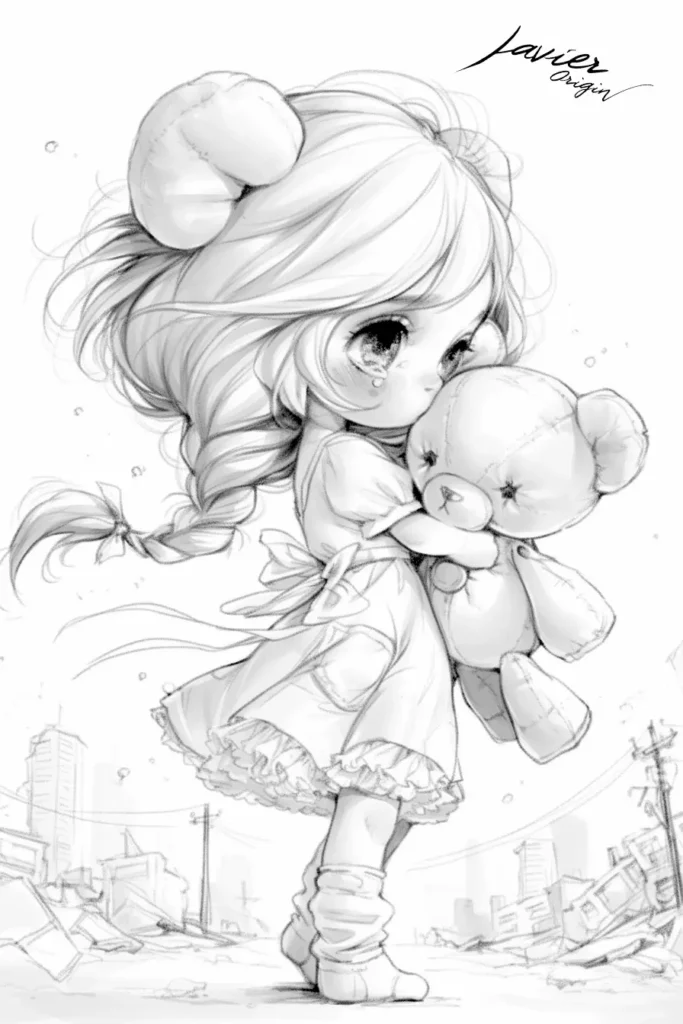 dibujo kawaii de niña anime abrazando un peluche en un escenario nostálgico