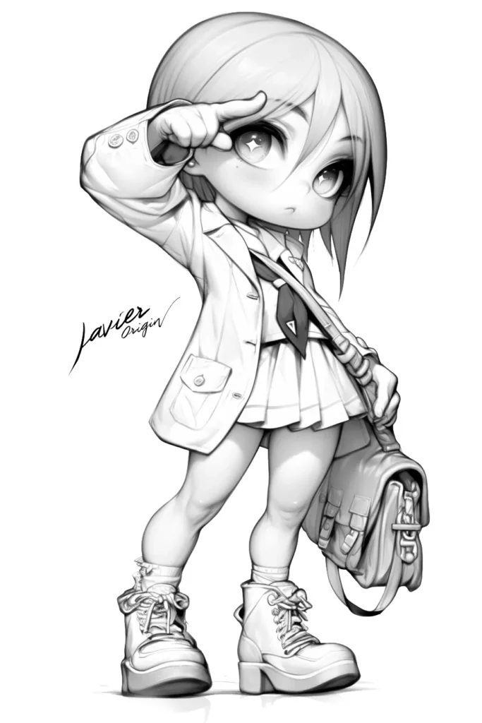 ilustración de chica anime estilo kawaii con uniforme escolar y expresión alegre para colorear