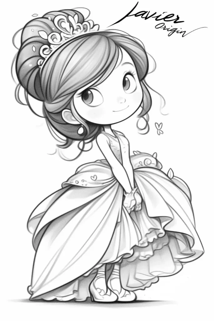 dibujo de niña anime con vestido de princesa y peinado con tiara para colorear