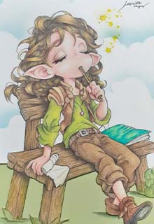 Dibujo coloreado de un elfo sentado