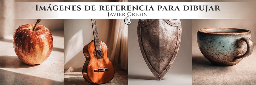collage con imágenes de referencia creadas por Javier Origin, incluyendo objetos reales como una manzana, una taza y una guitarra, para practicar luz, color y texturas con lápices de colores