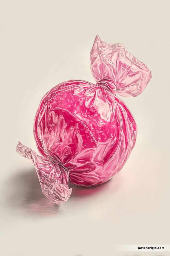 caramelo rosa envuelto en plástico brillante, referencia para dibujar reflejos y transparencias con lápices de colores