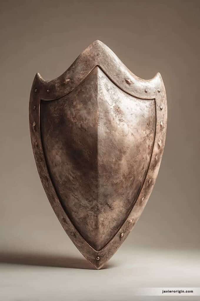 escudo de metal envejecido con textura rugosa, referencia para practicar luces, sombras y superficies frías