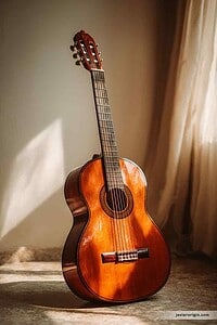 guitarra de madera iluminada por la luz del atardecer, referencia para estudiar reflejos cálidos y textura de madera