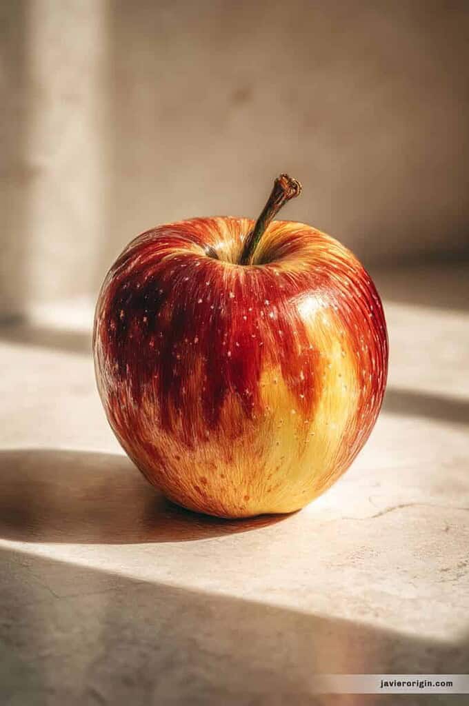 manzana roja con luz lateral sobre fondo claro, referencia para practicar color, reflejo y textura con lápices de colores