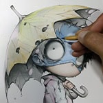 Javier Origin coloreando un dibujo chibi de fantasía oscura con lápices de colores profesionales
