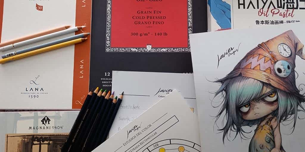 plantillas de estudio, láminas de teoría del color y dibujos en blanco y negro creados por Javier Origin para practicar con lápices de colores