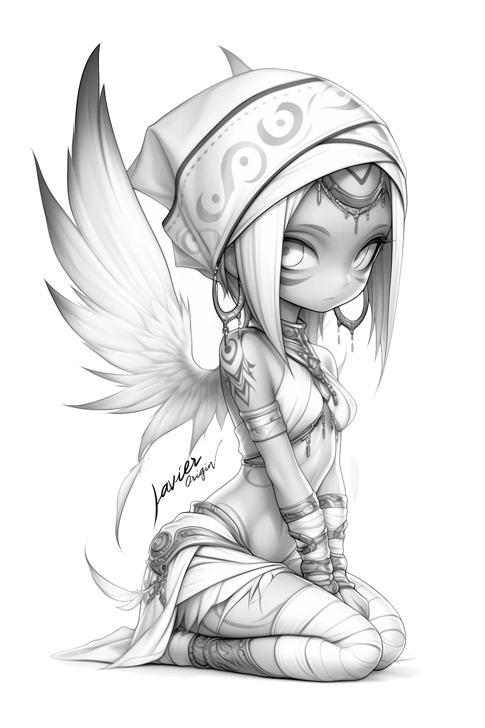 Dibujo de chica ángel anime con alas grandes, pañuelo y joyería, en blanco y negro para colorear