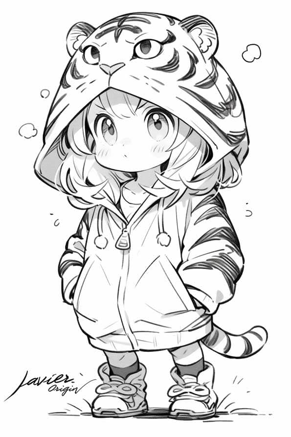 Dibujo chibi para colorear de chica con disfraz de tigre