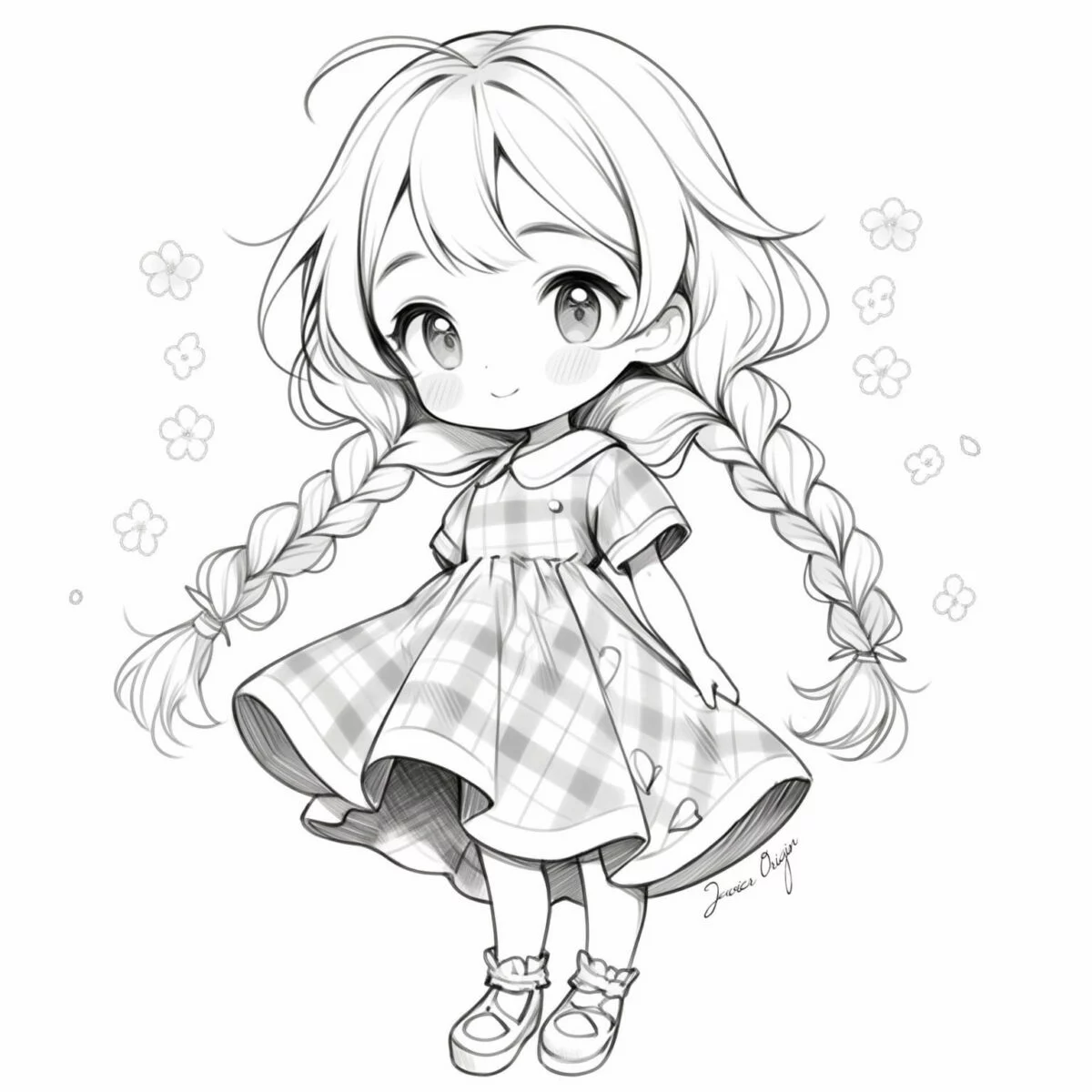 Dibujo de chica con trenzas y vestido para colorear