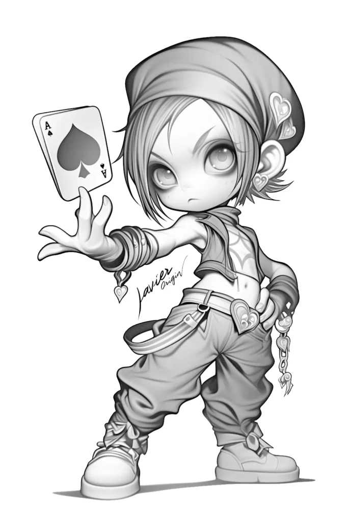 dibujo anime de chica jugadora de cartas para imprimir