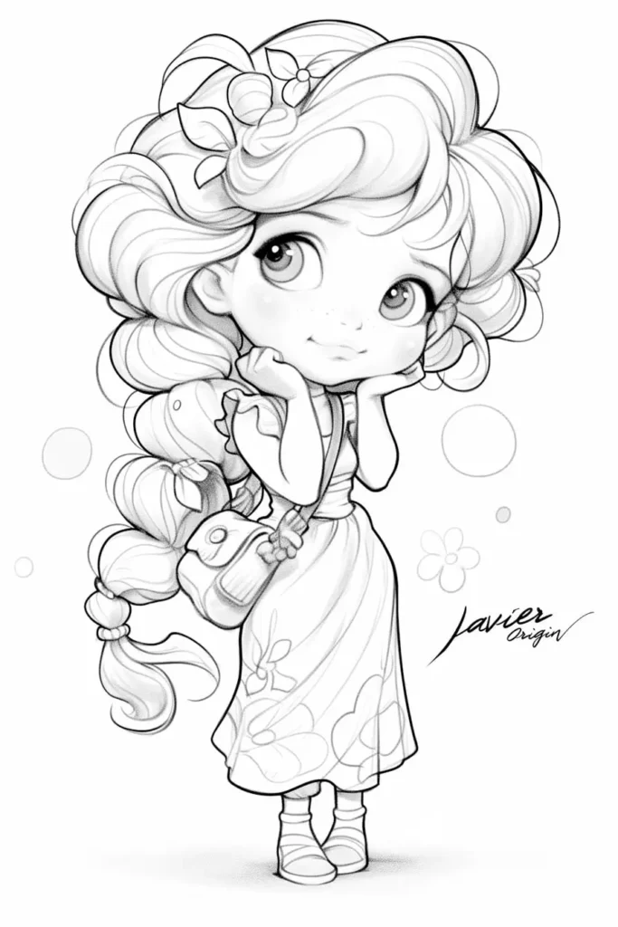 Dibujo anime para colorear de una bella chica con bolso