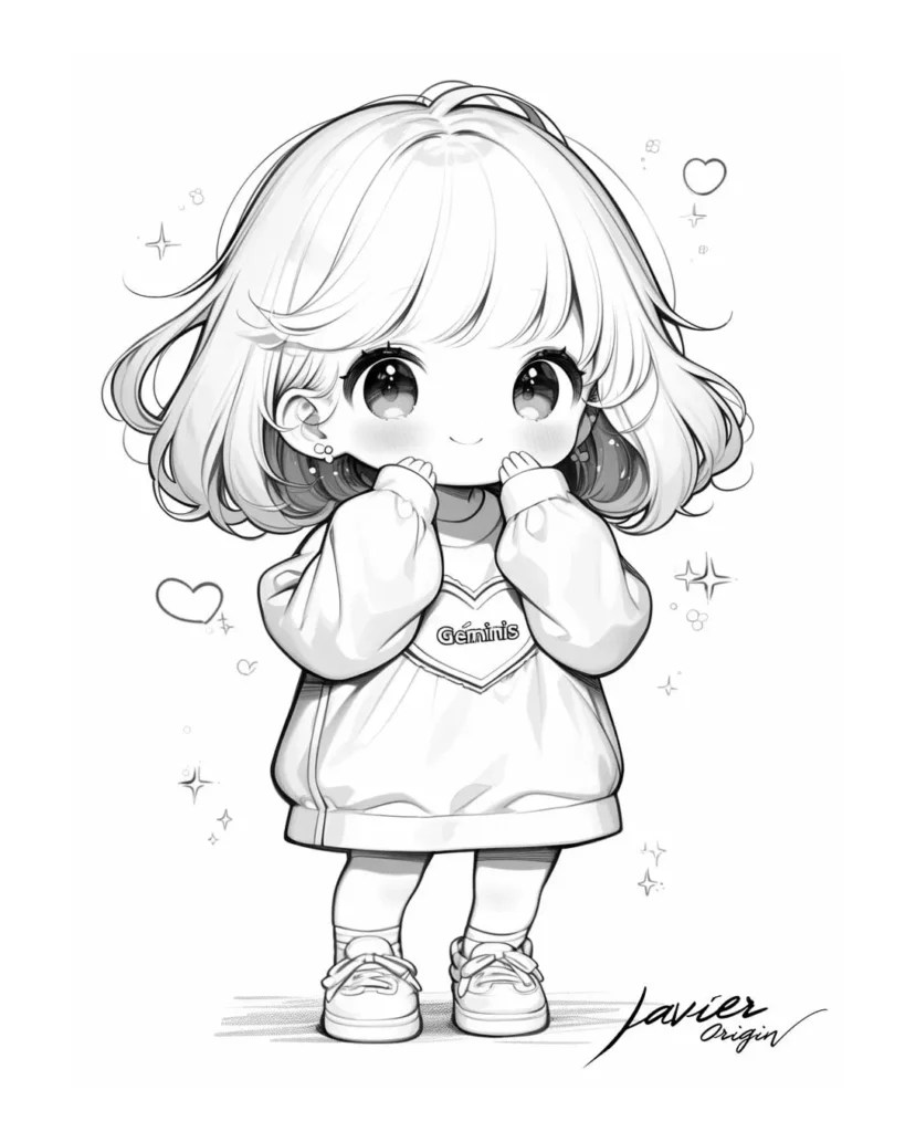 Dibujo bonito chibi de una niña con sudadera géminis