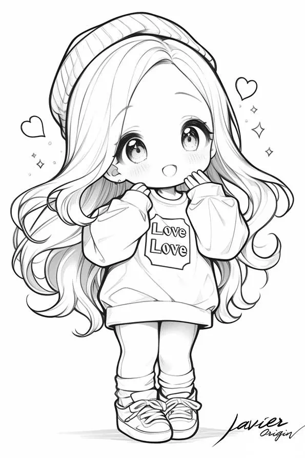 Dibujo anime kawaii para colorear de chica con sudadera Love