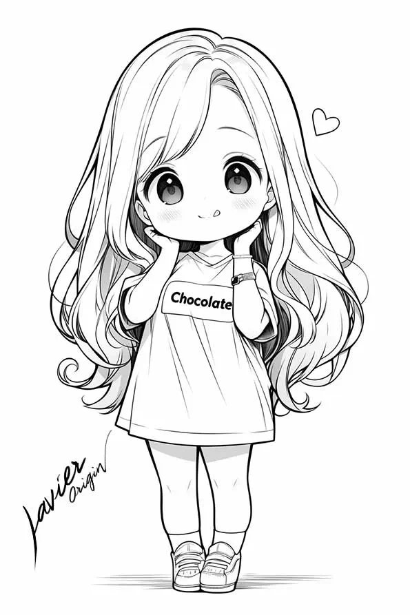 Dibujo para imprimir anime chibi de niña con camiseta chocolate