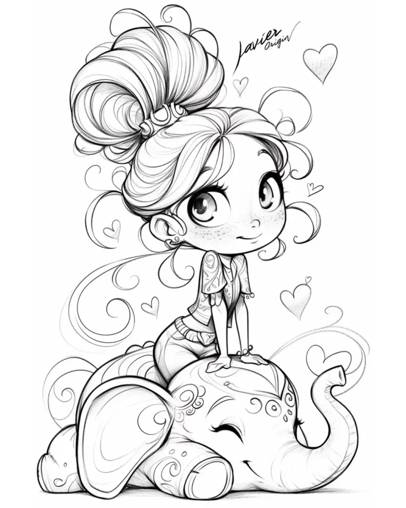 Dibujo anime poara colorear de niña sobre elefante para colorear