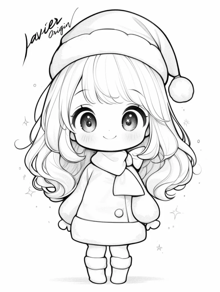 Muñeca kawaii navideña para colorear con lapiceros de colores