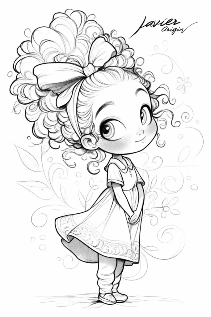 Ilustración de chica con pelo rizado y lazo para colorear