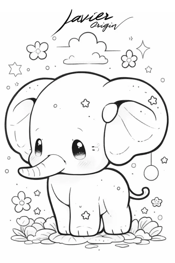 dibujo sencillo kawaii de elefante para colorear