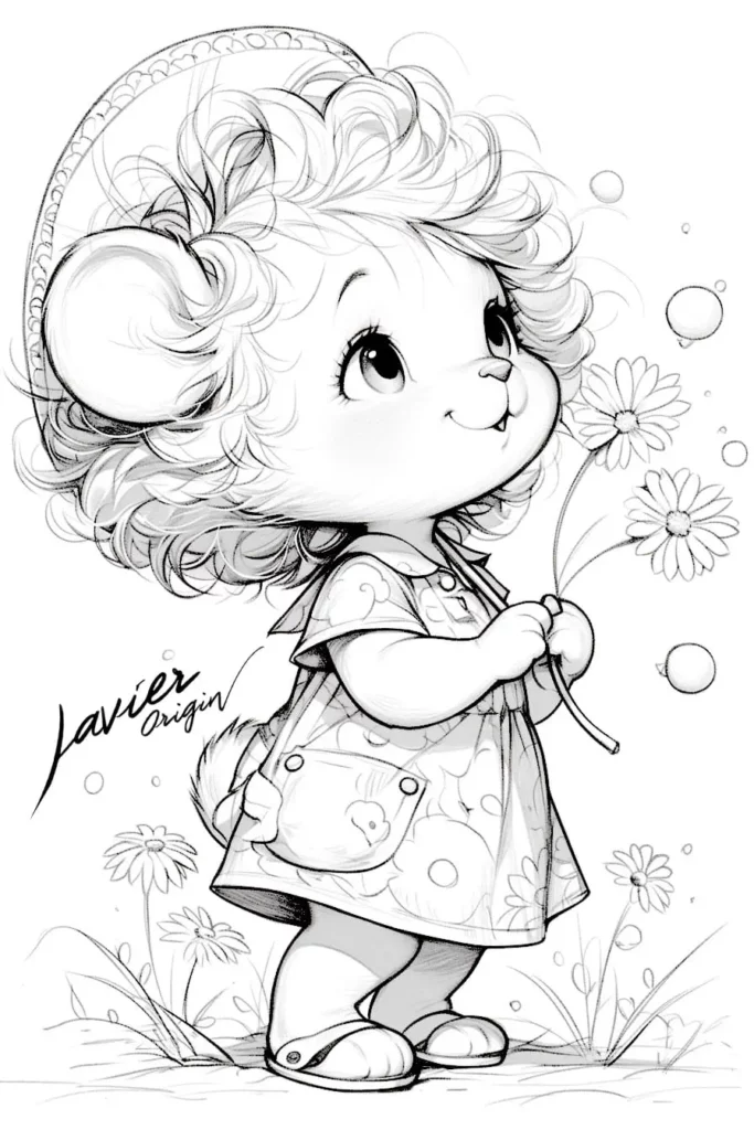 osita adorable entre las flores para colorear