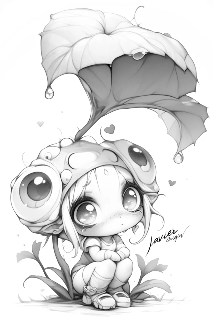 Niña bajo una hoja de estilo chibi kawaii para colorear