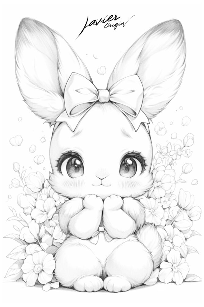 Conejita chibi con lazo y flores, ilustración kawaii muy delicada y expresiva.