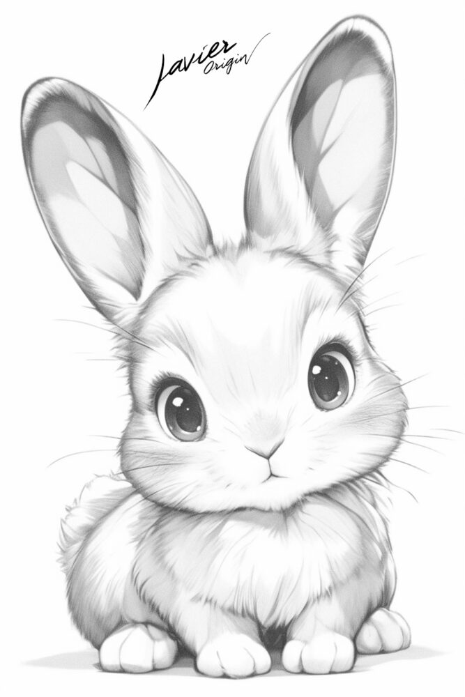 Conejito chibi esponjoso con pelaje suave y ojos brillantes, ilustración kawaii realista.