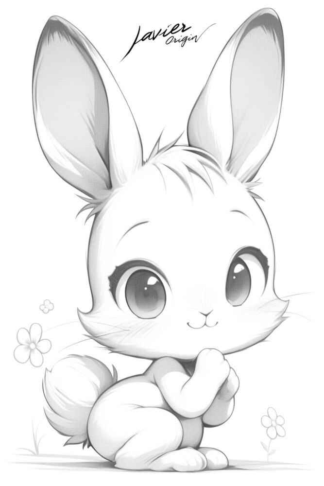 Conejito chibi sentado entre flores, dibujo kawaii de líneas suaves y expresión encantadora.
