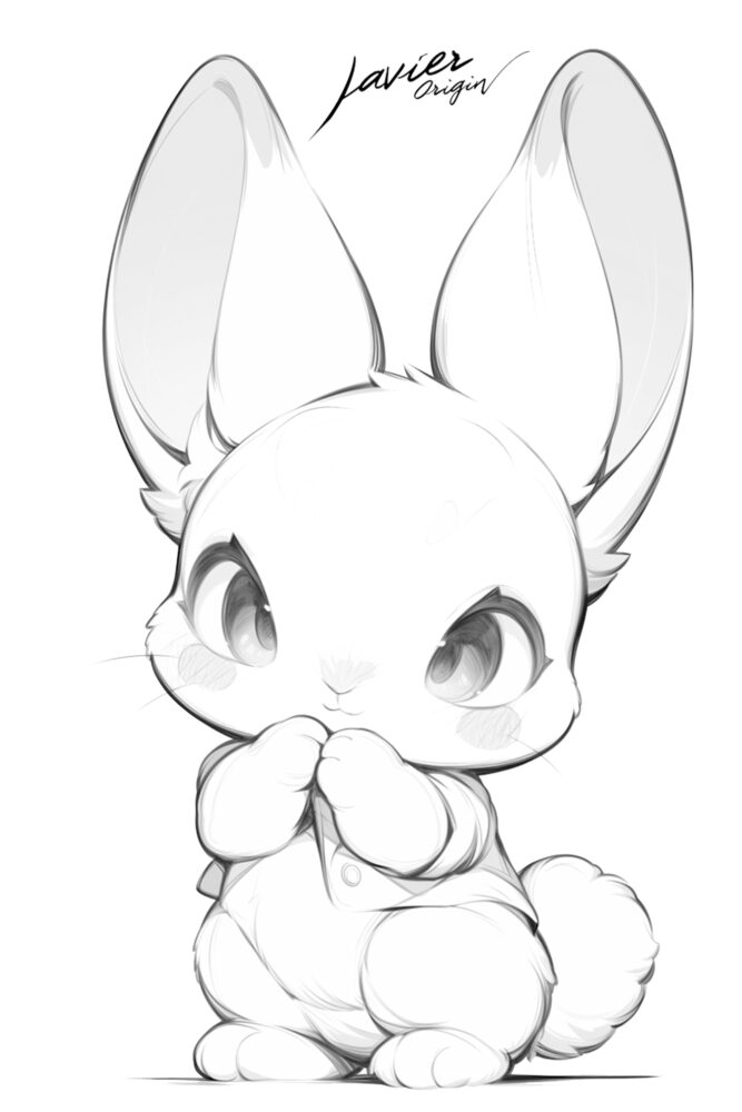 Conejo chibi bebé con ojos grandes y gesto tímido, ilustración kawaii suave y adorable.