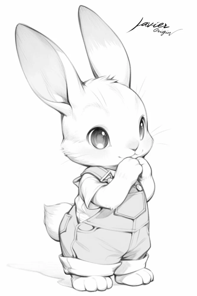 Conejo chibi de orejas largas con peto, bolsillo delantero y las patas junto a la boca para colorear