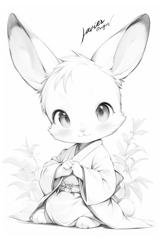 Conejo chibi con kimono japonés, dibujo kawaii inspirado en estética tradicional nipona.