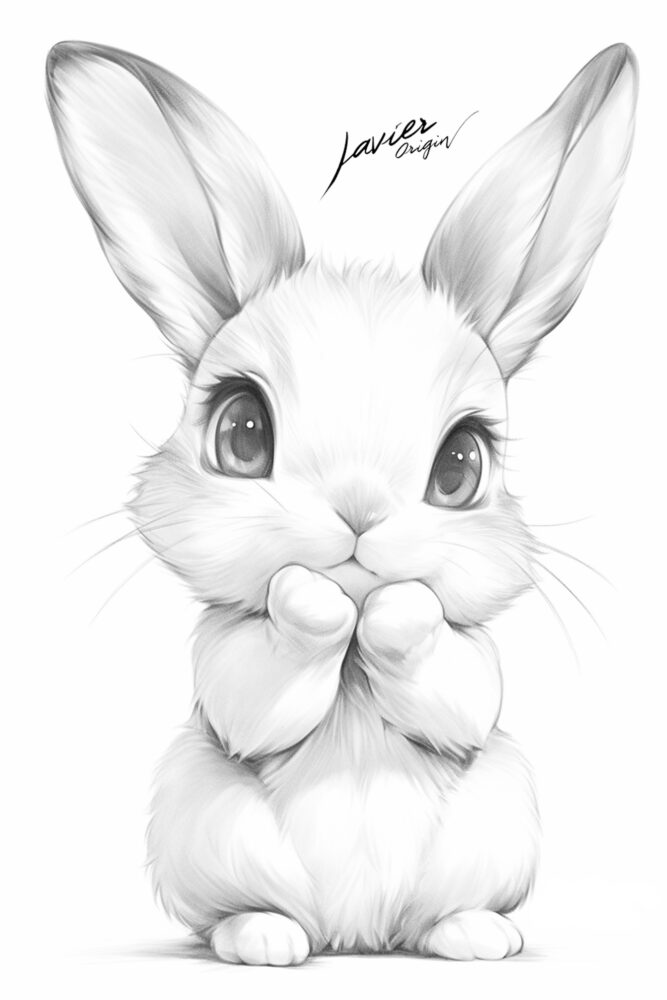 Conejito chibi peludo con ojos grandes y mirada suave, ilustración kawaii estilo realista.