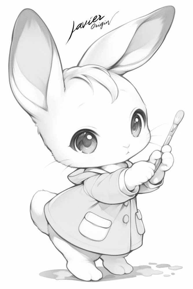 Conejito chibi pintor con pincel para colorear