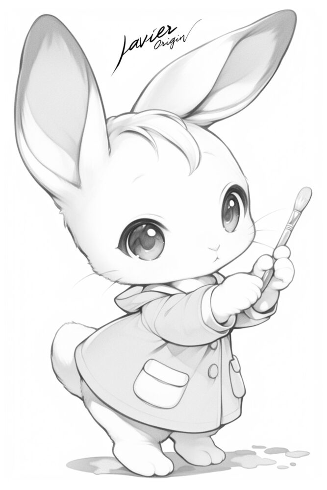 Conejito chibi con un pincel, ilustración kawaii con temática artística y creativa.